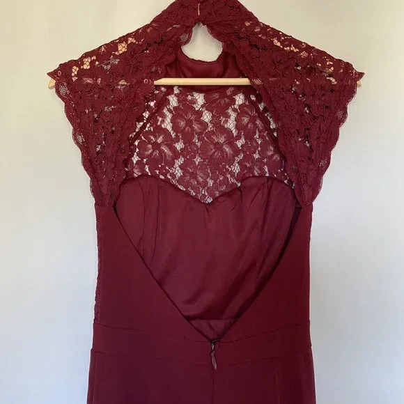 Lulus burgundy maxi formal dress lace halter top neckline open back detail